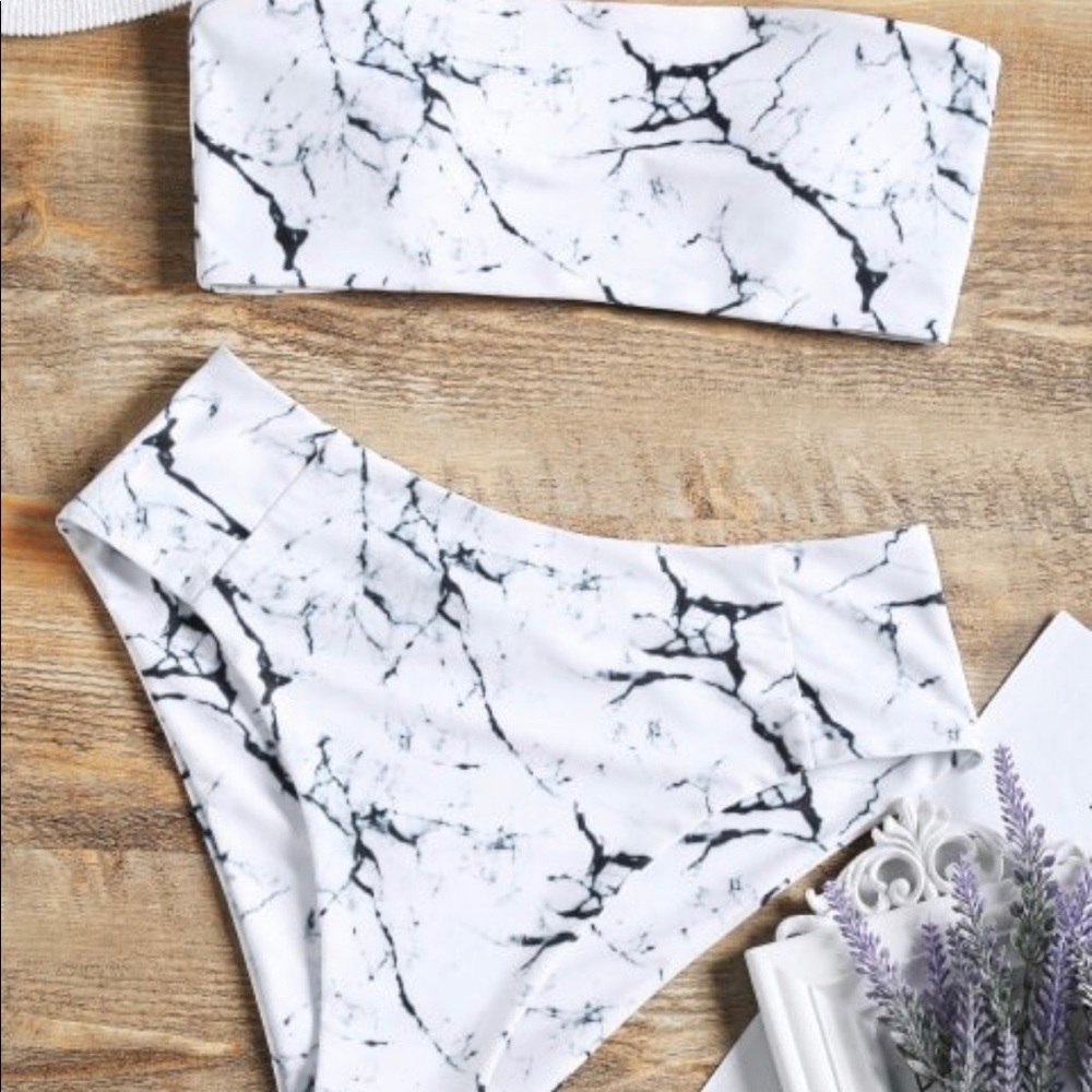 Black and white marble bandeau high wasted bikini